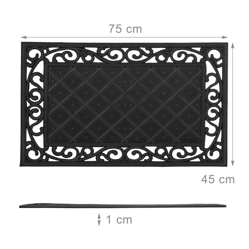 Paillasson antidérapant rectangle intérieur extérieur 75 x 45 cm facile d'entretien décoratif en caoutchouc noir 13_0003297