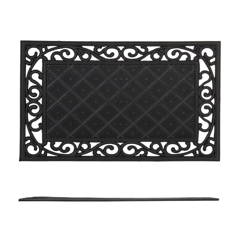Paillasson antidérapant rectangle intérieur extérieur 75 x 45 cm facile d'entretien décoratif en caoutchouc noir 13_0003297