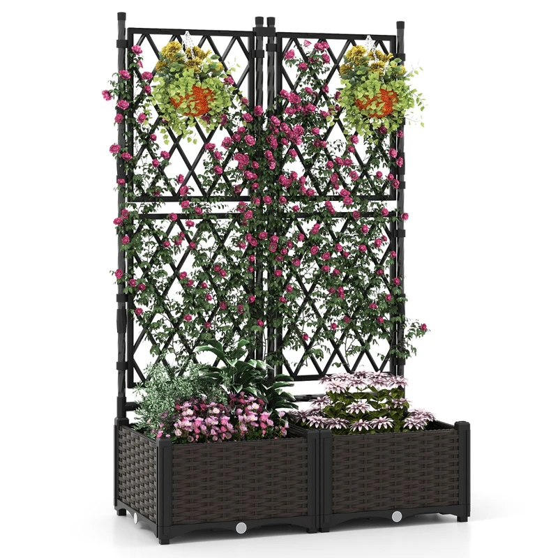 Jardinière surélevé 2-en-1 avec treillis 80 x 40 x 126 cm système d'auto-arrosage design moderne en métal noir 20_0012202