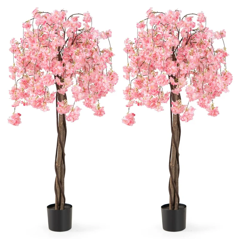 Lot de 2 cerisiers artificiels en fleurs 160 x 40 x 40 cm durabilité et no maintenance style contemporain en polyester rose 20_0012404