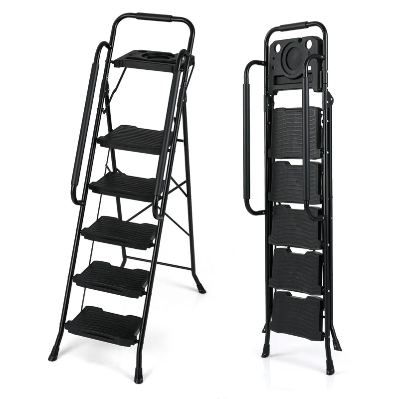 Échelle 5 marches pratique avec plateau porte-outils pliable robuste 95 x 54 x 159 cm sécurité accrue design moderne en métal noir 20_0018955