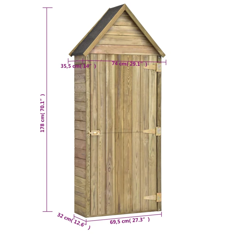 Abri de jardin cabane cabanon maison de stockage remise extérieur hangar outils robuste et porte 69,5 x 32 x 178cm Pinède imprégnée marron 02_0022413