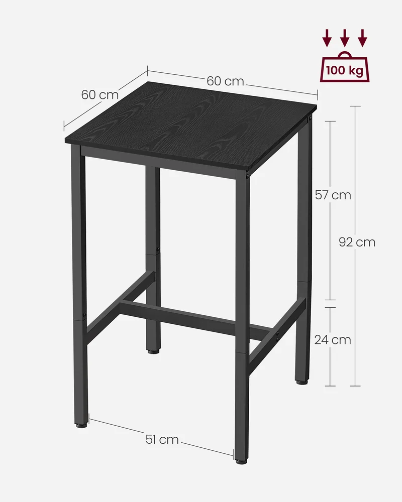 Table haute table de bar carrée cadre en acier 60 x 60 x 92 cm montage facile pour cuisine salon style industriel noir 12_0007675
