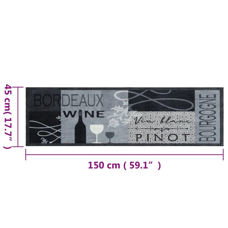 Tapis de cuisine lavable à motif imprimé Wine gris 150 x 45 cm douceur et adhérence antidérapante en velours gris 02_0056438