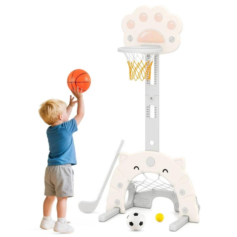 Panier de basketball 3 en 1 pour enfants hauteur ajustable 64-125 cm avec accessoires amusants moderne en gris clair 20_0018806