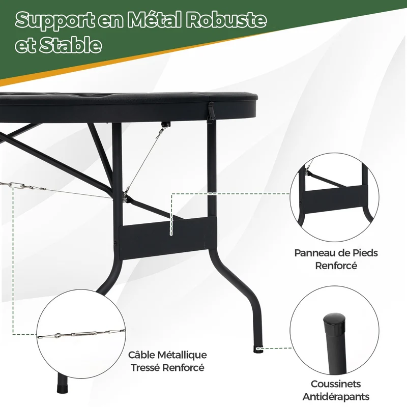 Table de poker ovale pliable 182 x 82 x 75 cm pour 8 joueurs avec accoudoirs rembourrés style moderne en feutre vert 20_0014041