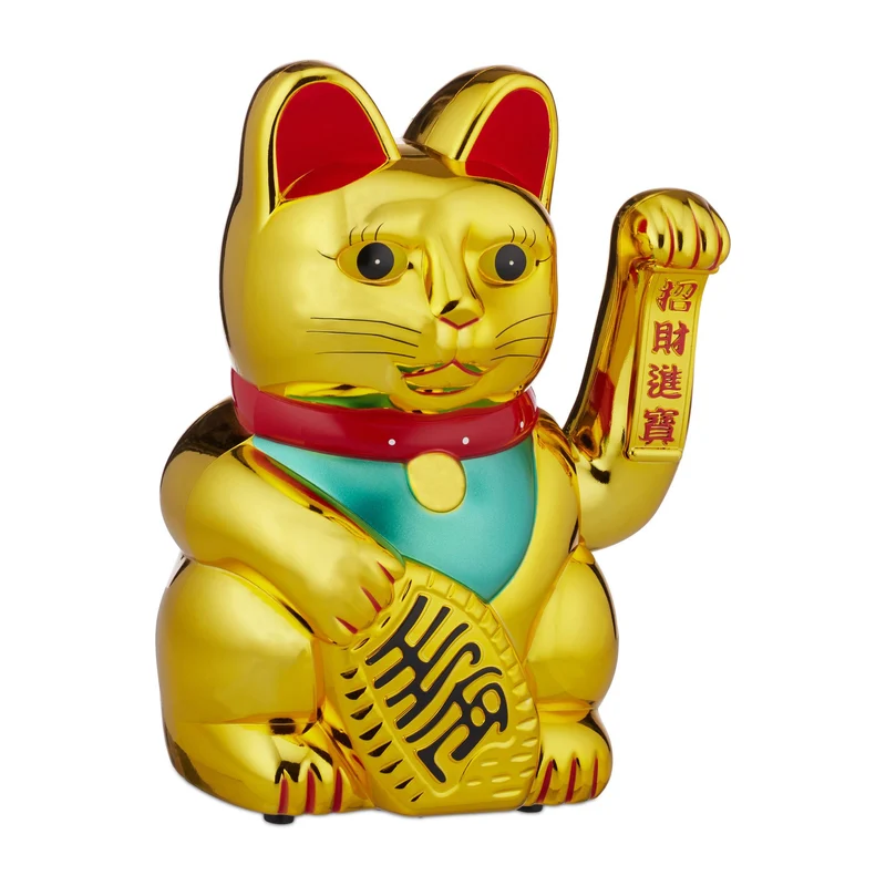 Chat porte-bonheur japonais XXL décoratif avec patte mobile 30 x 20 x 15 cm en résine dorée 13_0004154
