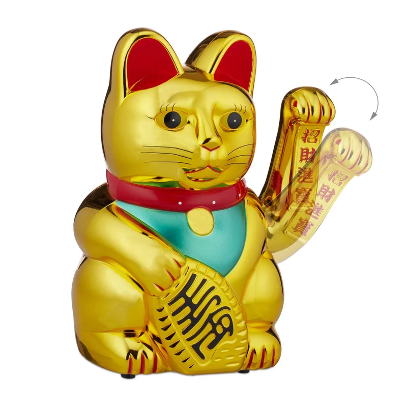 Chat porte-bonheur japonais XXL décoratif avec patte mobile 30 x 20 x 15 cm en résine dorée 13_0004154