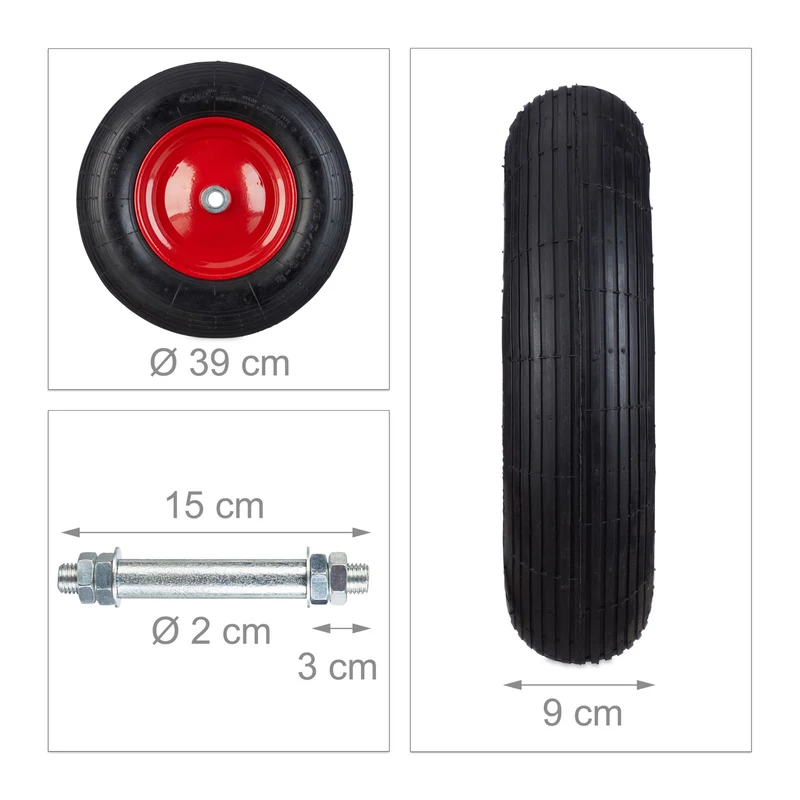 Roue de brouette pneumatique 39 x 9 cm confort de transport surface profilée jardin en caoutchouc noir 13_0003867