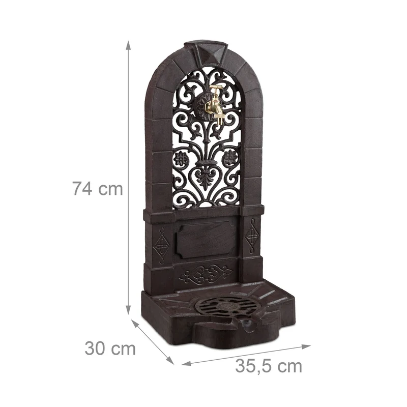 Fontaine décorative antique jardin terrasse avec robinet et grille pratique 50 x 30 x 30 cm en béton gris 13_0004507
