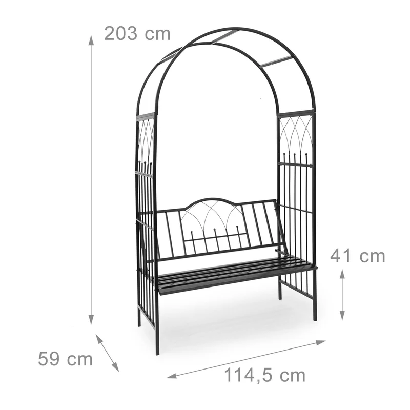 Arche à rosiers banc décoratif jardin 200 x 120 x 40 cm ambiance romantique en fer époxy noir 13_0003268