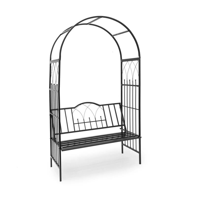 Arche à rosiers banc décoratif jardin 200 x 120 x 40 cm ambiance romantique en fer époxy noir 13_0003268