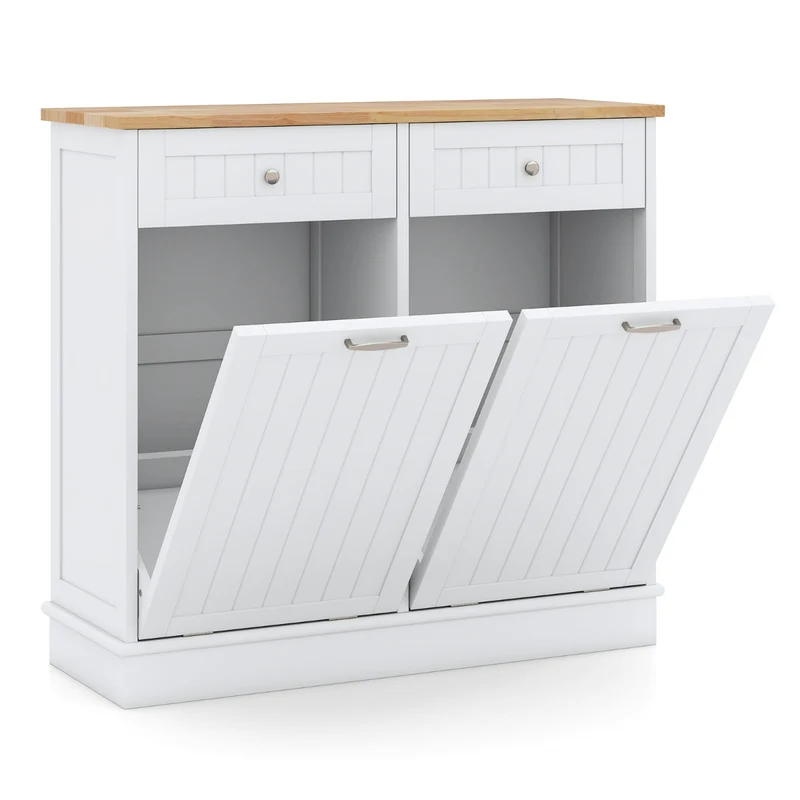 Meuble poubelle double basculant 100 x 33 x 90 cm station de préparation ergonomique style ferme en MDF blanc 20_0018507