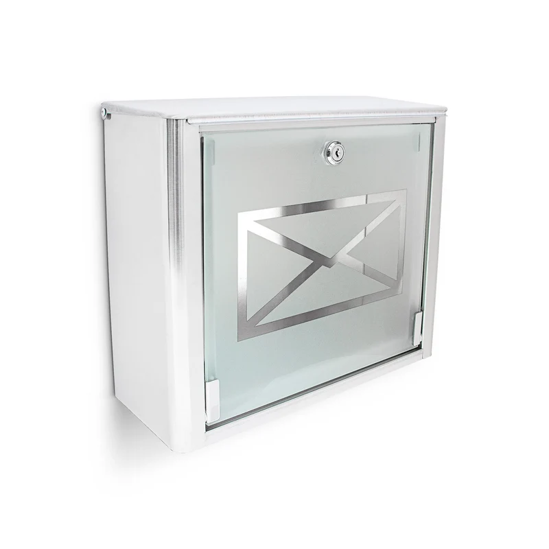 Boîte aux lettres murale moderne avec porte en verre 40 x 30 x 10 cm design élégant en inox argenté 13_0004136