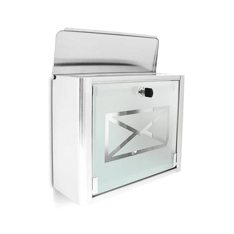 Boîte aux lettres murale moderne avec porte en verre 40 x 30 x 10 cm design élégant en inox argenté 13_0004136