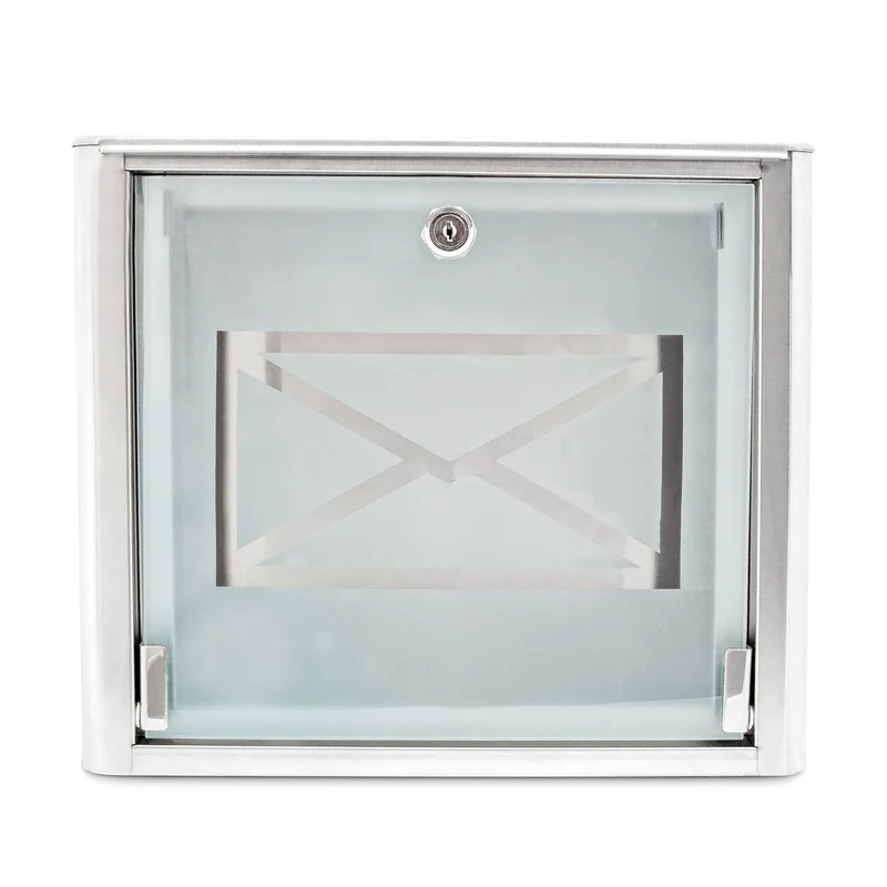 Boîte aux lettres murale moderne avec porte en verre 40 x 30 x 10 cm design élégant en inox argenté 13_0004136