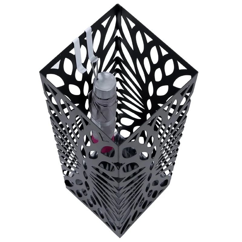 Porte parapluies en métal carré avec un plateau et crochet 49 cm noir 3512026