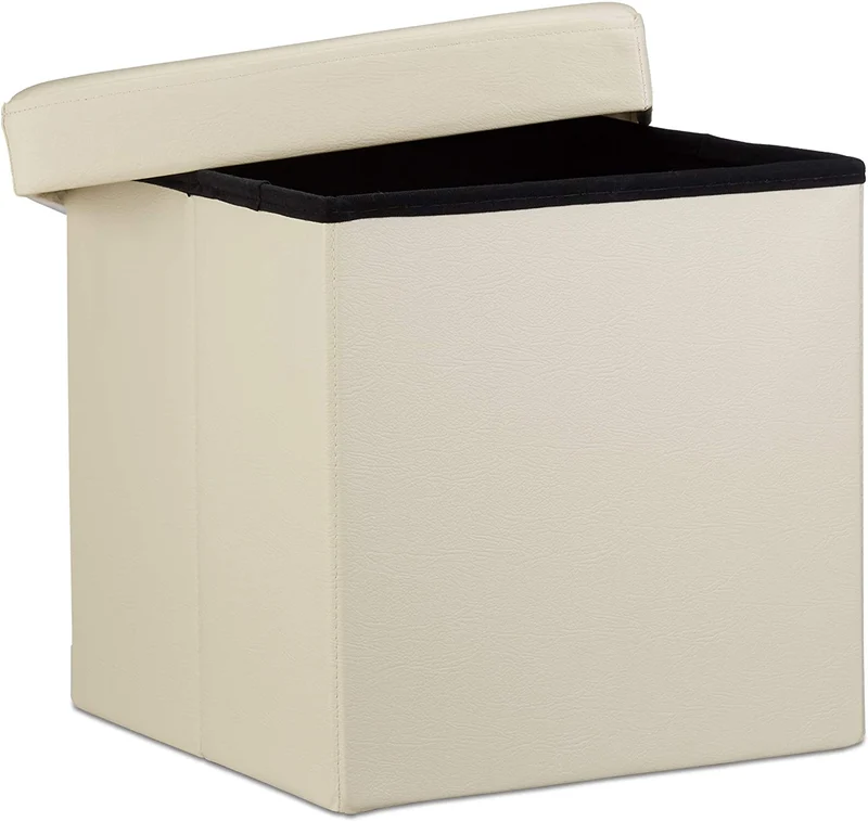 Tabouret pouf banquette pliant meuble de rangement stable synthétique 38 cm beige 13_0002806_4