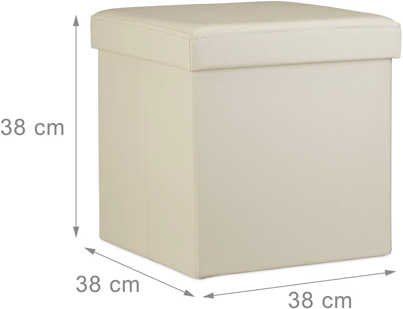 Tabouret pouf banquette pliant meuble de rangement stable synthétique 38 cm beige 13_0002806_4
