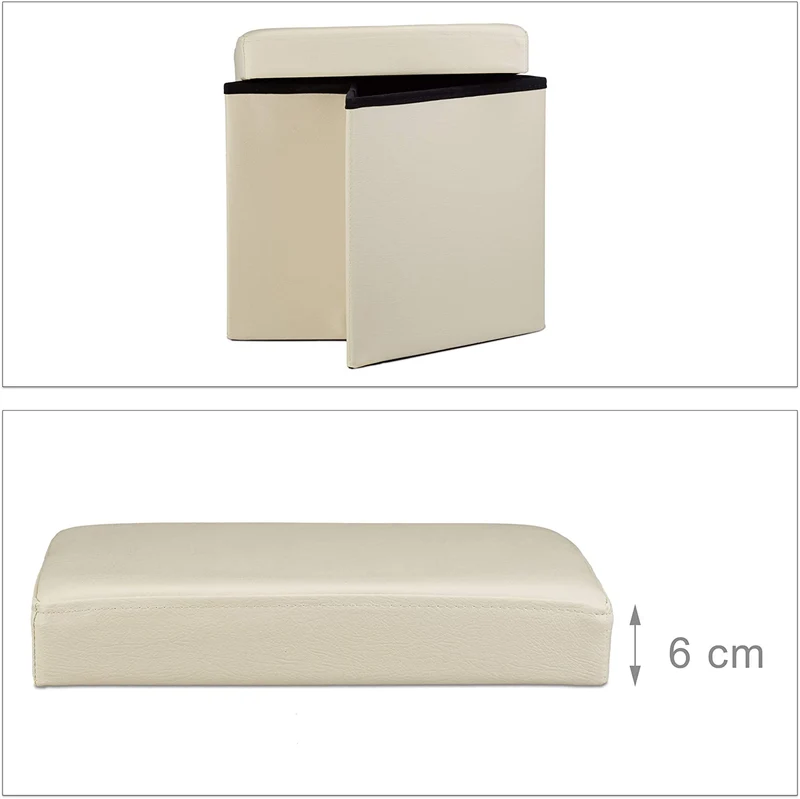 Tabouret pouf banquette pliant meuble de rangement stable synthétique 38 cm beige 13_0002806_4
