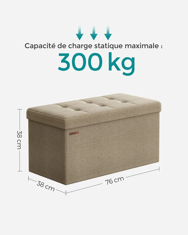 Banc de rangement pliable pouf coffre bout de lit banquette 110 x 38 x 38 cm tissu façon lin charge 300 kg pour entrée chambre salon taupe 12_0004152