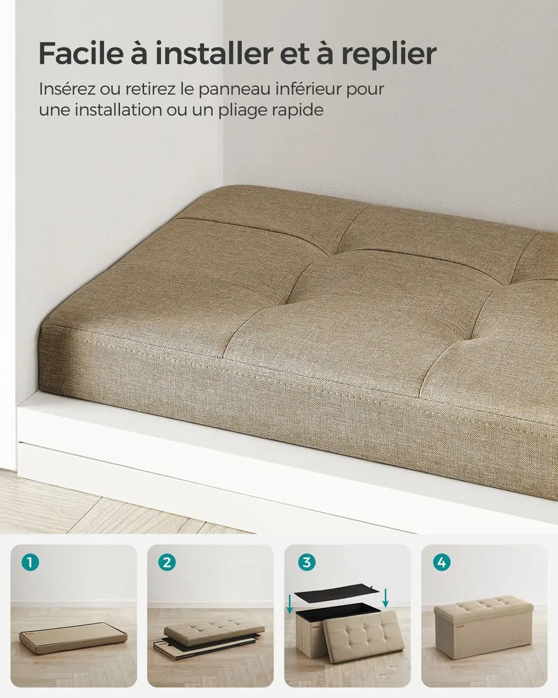 Banc de rangement pliable pouf coffre bout de lit banquette 110 x 38 x 38 cm tissu façon lin charge 300 kg pour entrée chambre salon taupe 12_0004152