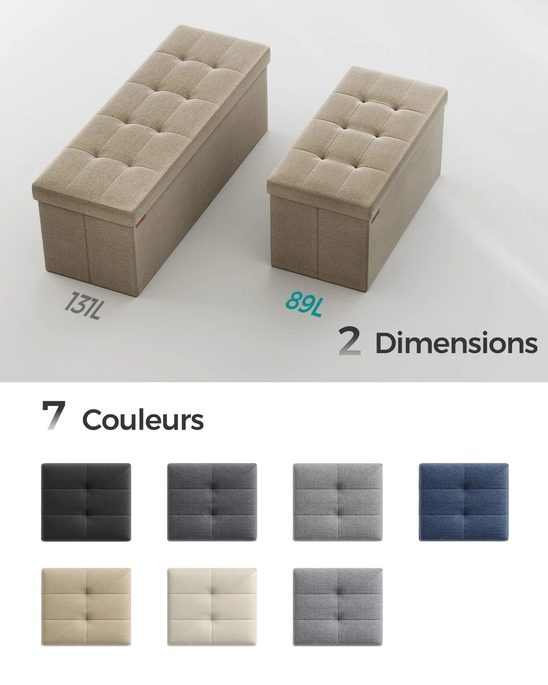 Banc de rangement pliable pouf coffre bout de lit banquette 110 x 38 x 38 cm tissu façon lin charge 300 kg pour entrée chambre salon taupe 12_0004152