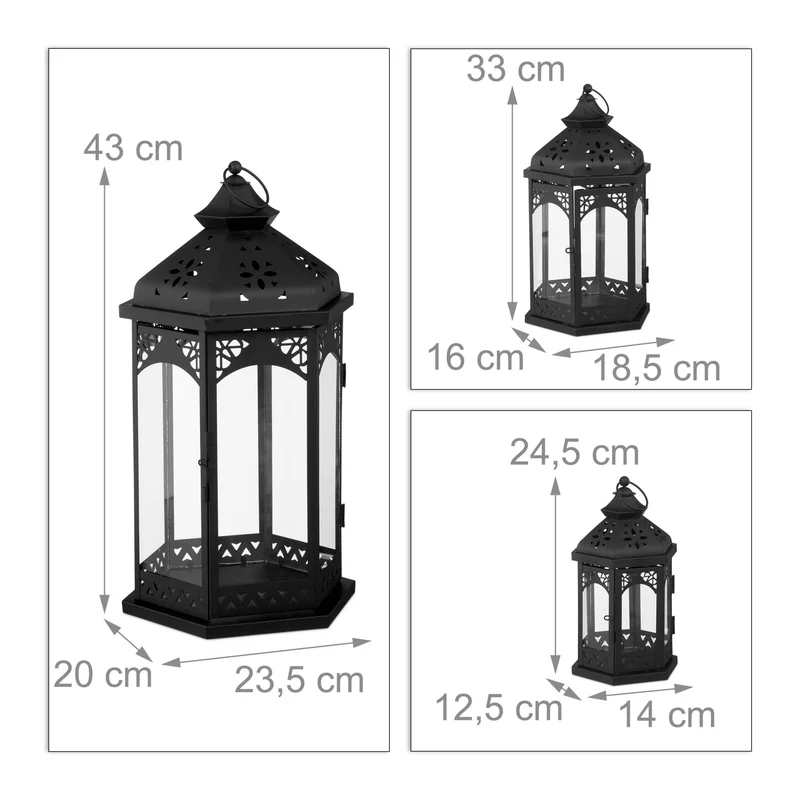 Lot de 3 lanternes décoratives orientales pour intérieur extérieur 43 x 23,5 cm ambiance cosy en fer noir 13_0004849
