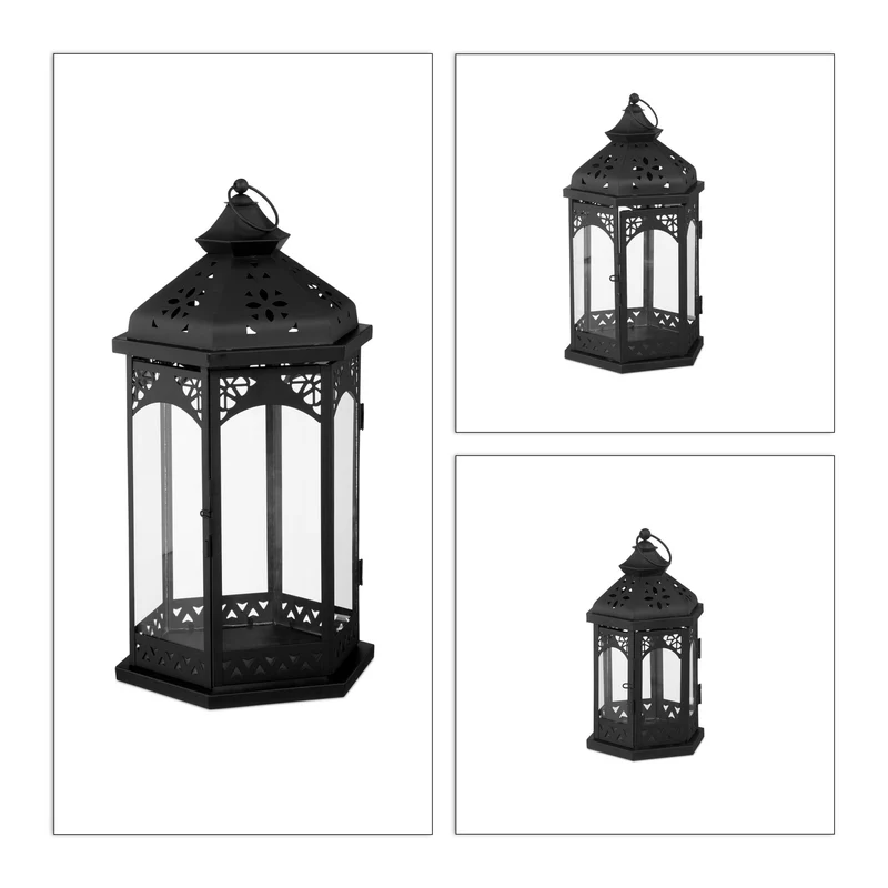 Lot de 3 lanternes décoratives orientales pour intérieur extérieur 43 x 23,5 cm ambiance cosy en fer noir 13_0004849