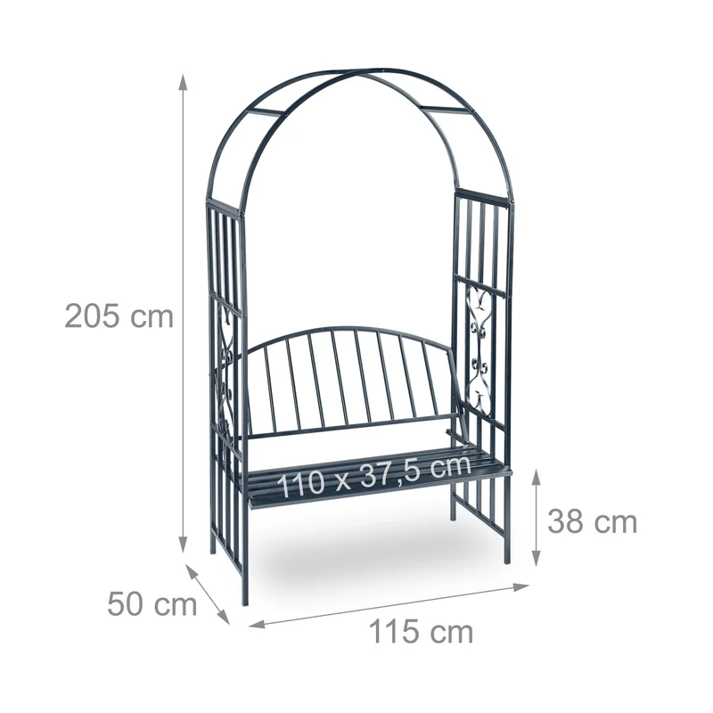 Arche de jardin avec banc deux places pratique décoratif 205 x 115 x 50 cm en fer gris 13_0003439
