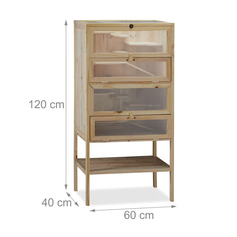 Cage de hamster XXL pour rongeurs avec rampes et plateformes 100 x 60 x 60 cm en bois naturel 13_0003948