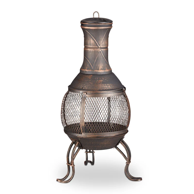 Brasero de jardin vintage en fonte 60 x 60 x 35 cm avec tisonnier ambiance chaleureuse en bronze 13_0005091