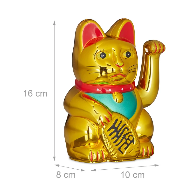 Chat porte-bonheur asiatique décoratif 16 x 10 x 8 cm apporte richesse et succès en plastique doré 13_0004225