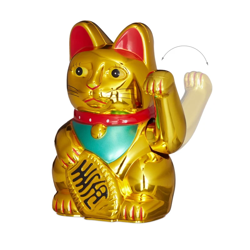 Chat porte-bonheur asiatique décoratif 16 x 10 x 8 cm apporte richesse et succès en plastique doré 13_0004225