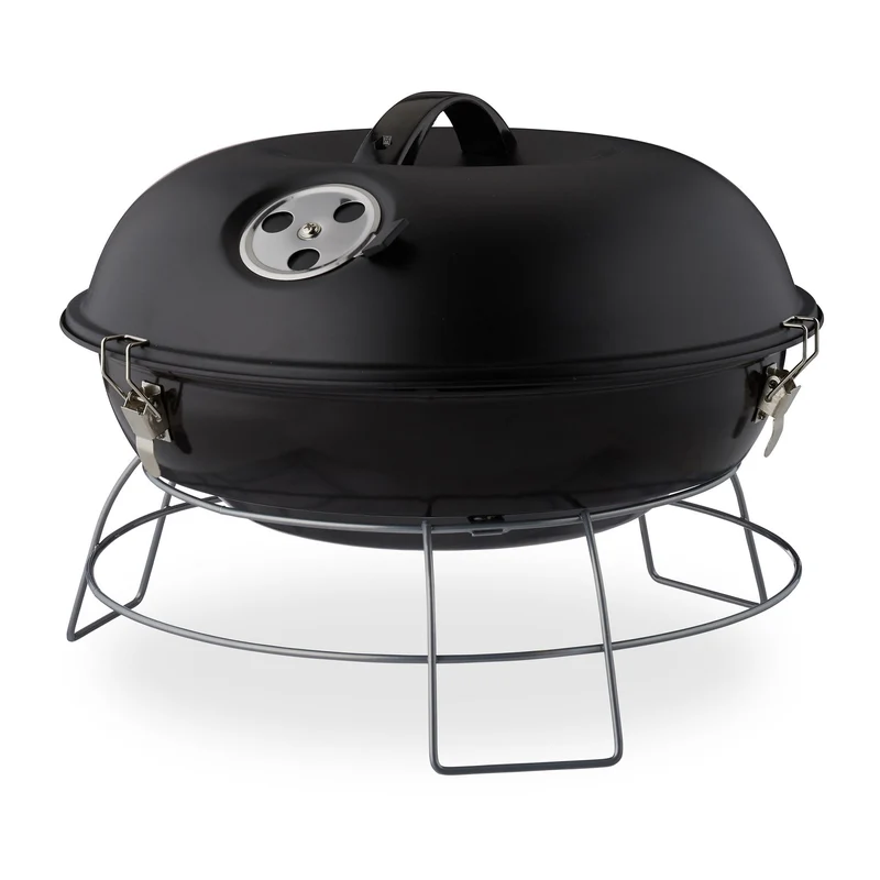 Barbecue rond portable compact pour 4 personnes 27 x 36 cm avec couvercle amovible en acier noir 13_0005635
