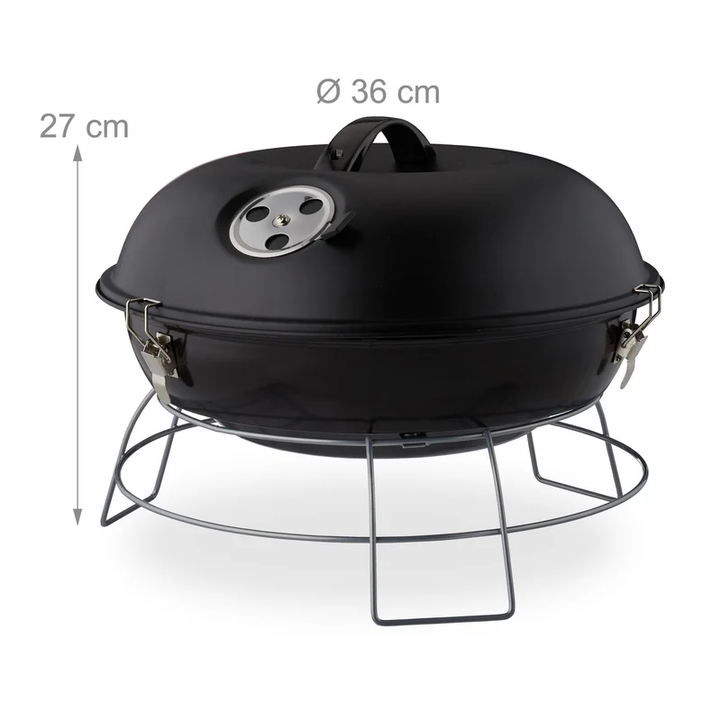 Barbecue rond portable compact pour 4 personnes 27 x 36 cm avec couvercle amovible en acier noir 13_0005635