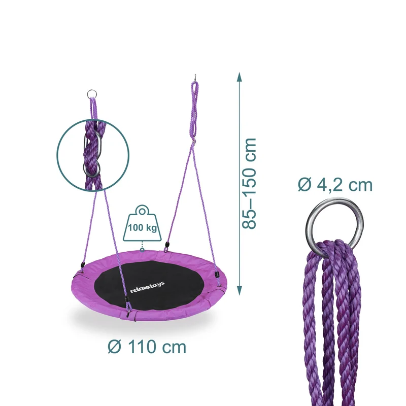 Balançoire nid d'oiseau ronde réglable hauteur 85 x 110 cm assise confortable jardin en tissu violet 13_0006993