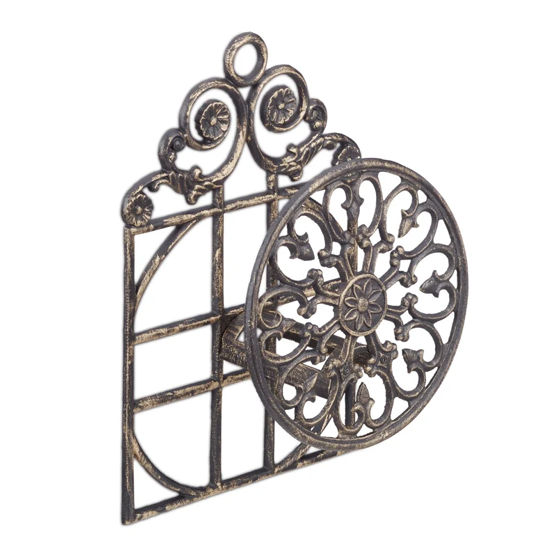 Porte-tuyau arrosage mural décoratif style antique jardin 50 x 32 x 20 cm en fonte bronze 13_0005881