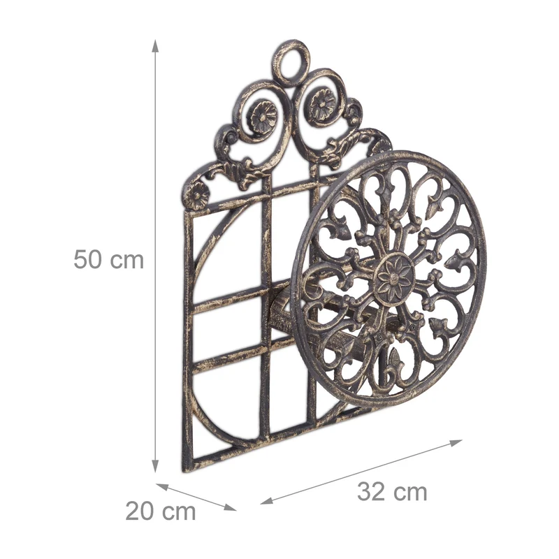 Porte-tuyau arrosage mural décoratif style antique jardin 50 x 32 x 20 cm en fonte bronze 13_0005881