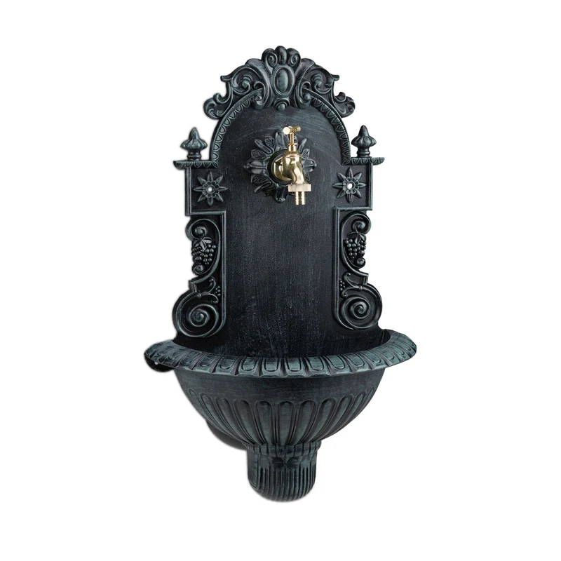 Fontaine murale décorative antique jardin terrasse 70 x 40 x 20 cm avec robinet et vasque en fonte d'aluminium 13_0004506