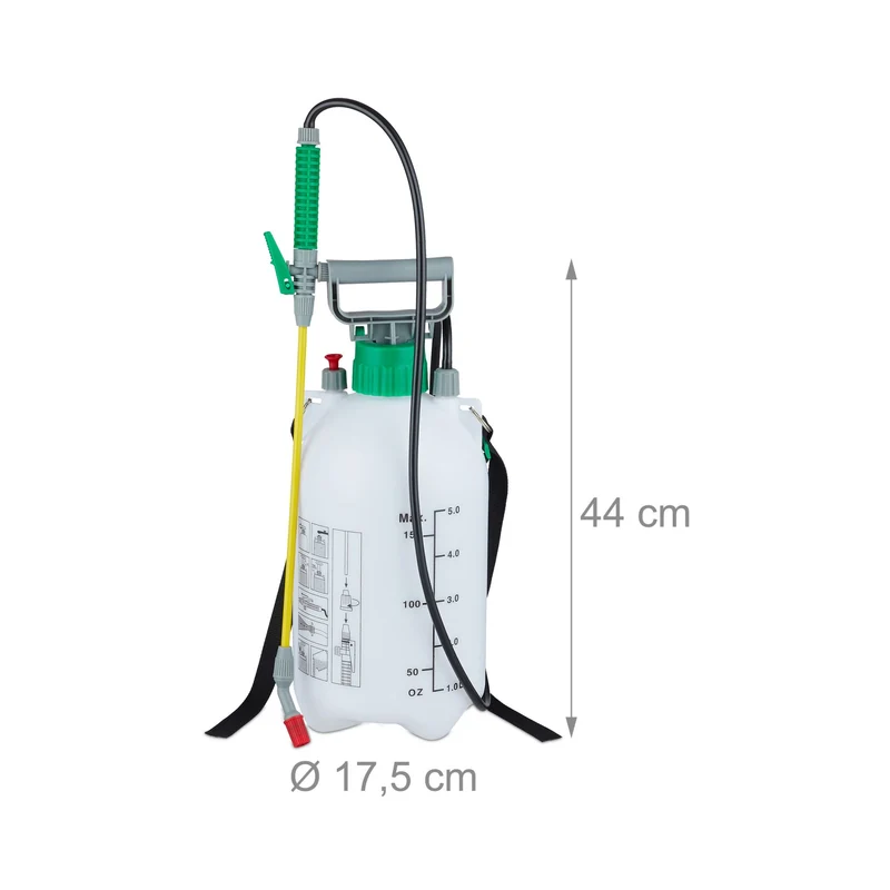 Pulvérisateur à pression jardin 44 x 17,5 cm buse réglable capacité 5 litres en plastique vert 13_0006907