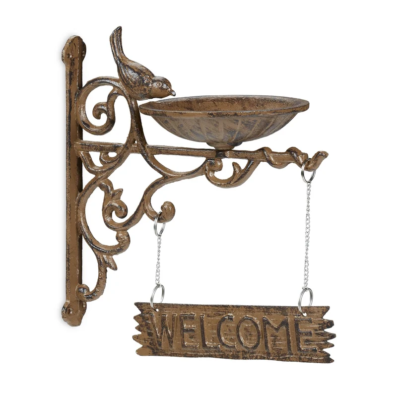 Bain d'oiseaux décoratif mural jardin terrasse 30 x 25 x 10 cm en fonte de fer gris 13_0005025
