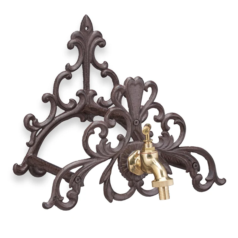 Porte-tuyau mural antique avec robinet décoratif pour jardin 30 x 20 x 10 cm en métal doré 13_0005019
