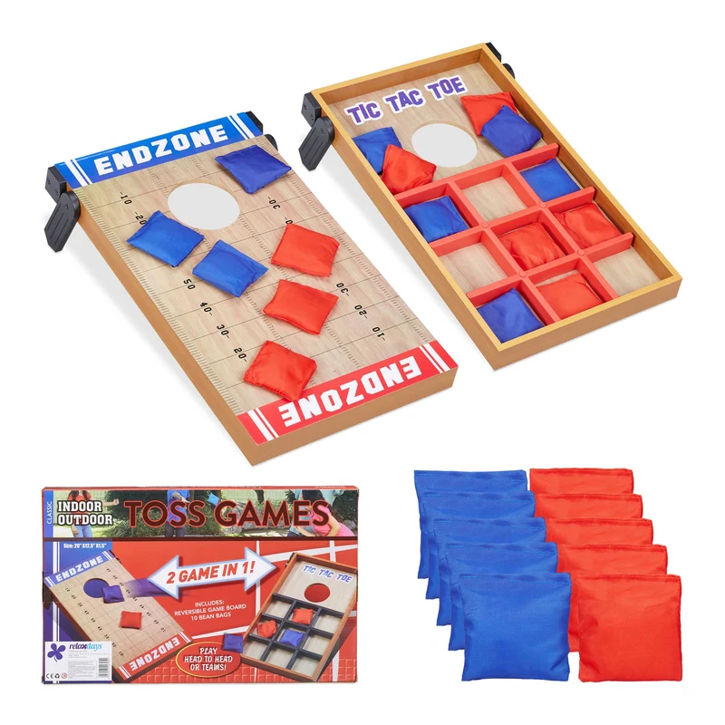 Lot de 1 set de jeux extérieur réversible jardin 60 x 60 cm pour poches et morpion ambiance conviviale en bois naturel 13_0004497