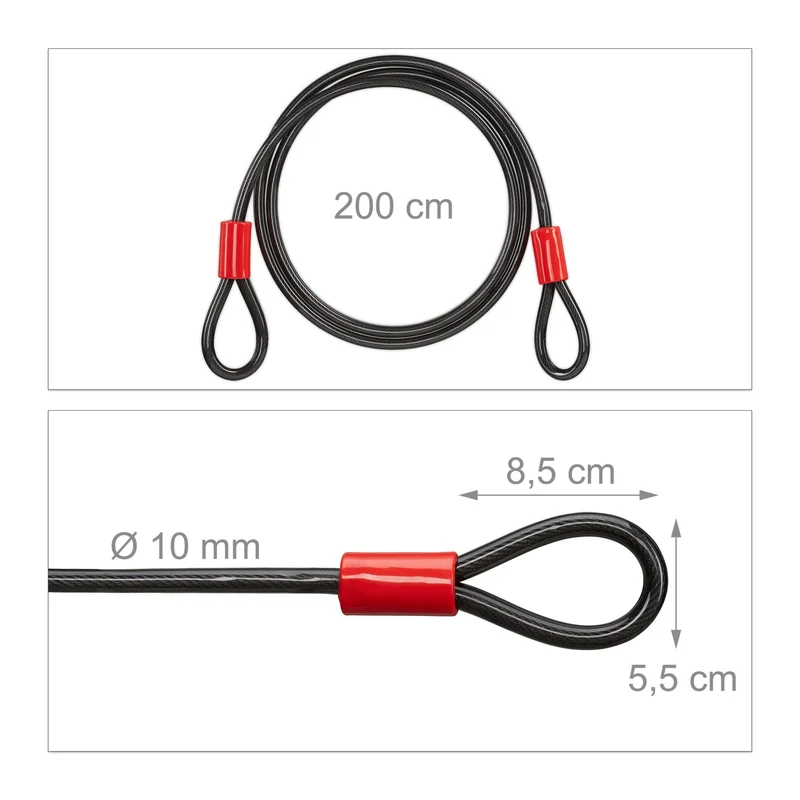 Câble de sécurité flexible longueur 2 m enroulable pour vélos et biens personnels en acier noir 13_0004933