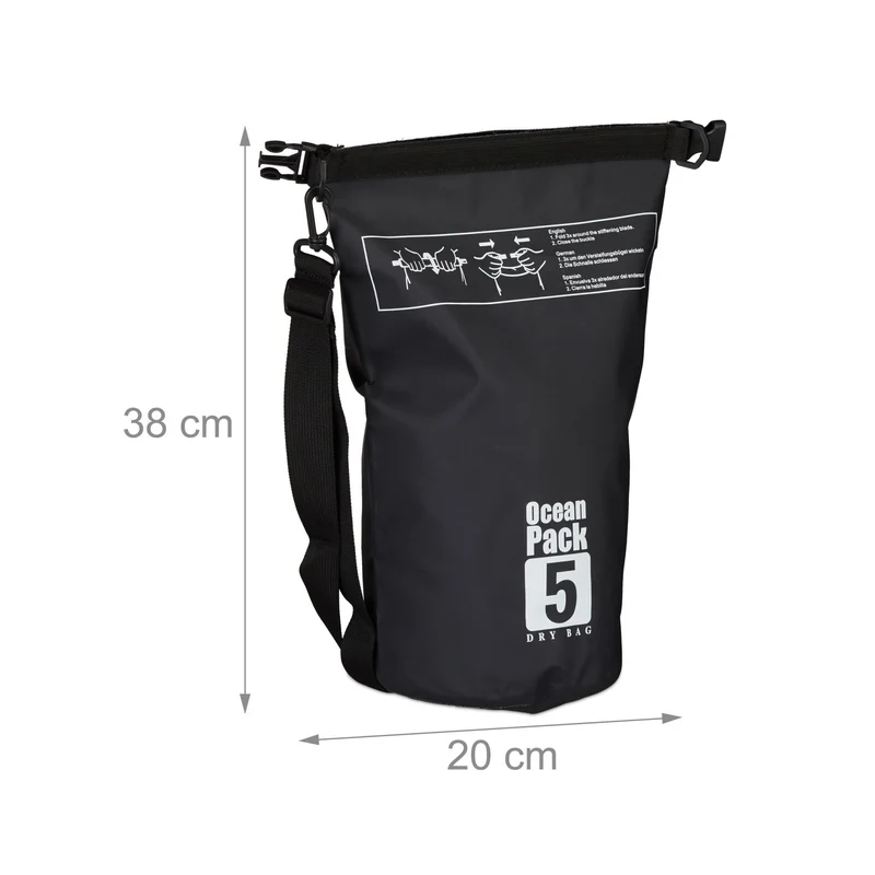 Sac étanche de 5 litres pliable idéal pour voile rafting outdoor 38 x 20 x 0,5 cm en PVC noir 13_0006815