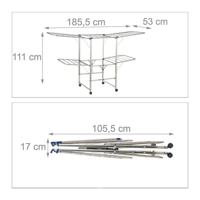Lot de 1 étendoir à linge mobile 2 niveaux compacte 75 x 75 x 165 cm en métal blanc 13_0004158