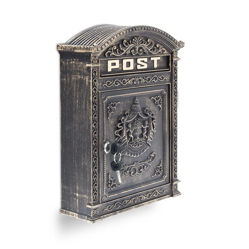 Boîte aux lettres murale vintage style ancien 44,5 x 31 x 9,5 cm solide et résistante en fonte d'aluminium noire 13_0005787
