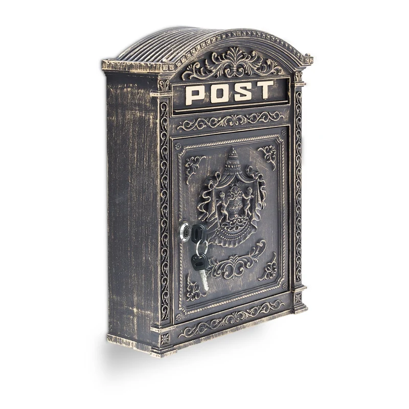 Boîte aux lettres murale vintage style ancien 44,5 x 31 x 9,5 cm solide et résistante en fonte d'aluminium noire 13_0005787