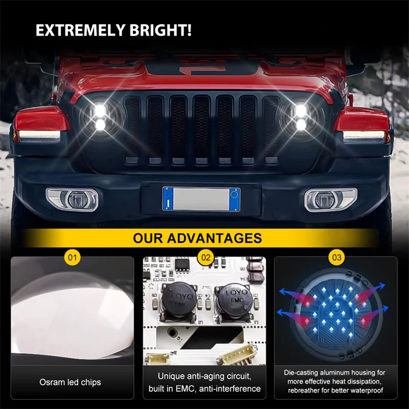 Phare LED Rond 7 Pouces Jeep Wrangler 4x4 Moto
